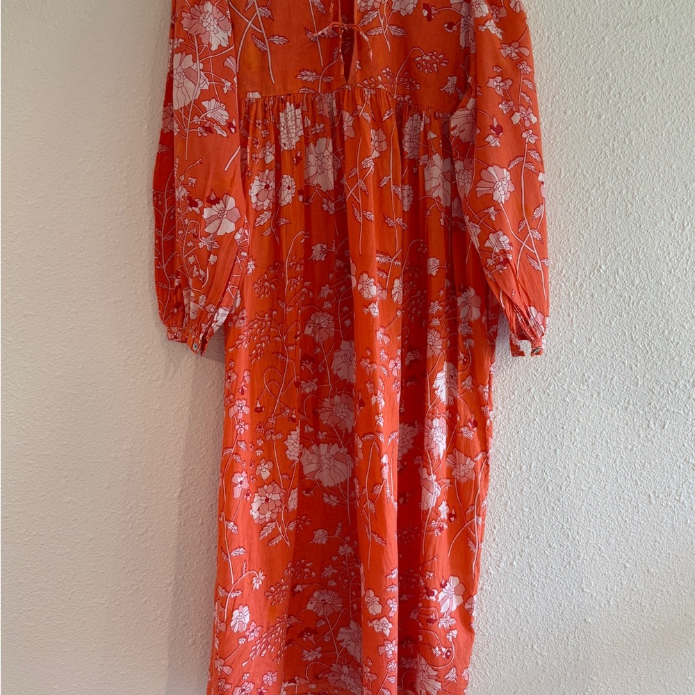 Matta Hamsa Coral Floral Midi Dress with White Print